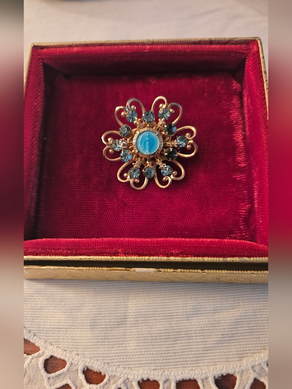 Vintage 1950s Blue Virgin Mary Flower Brooch
